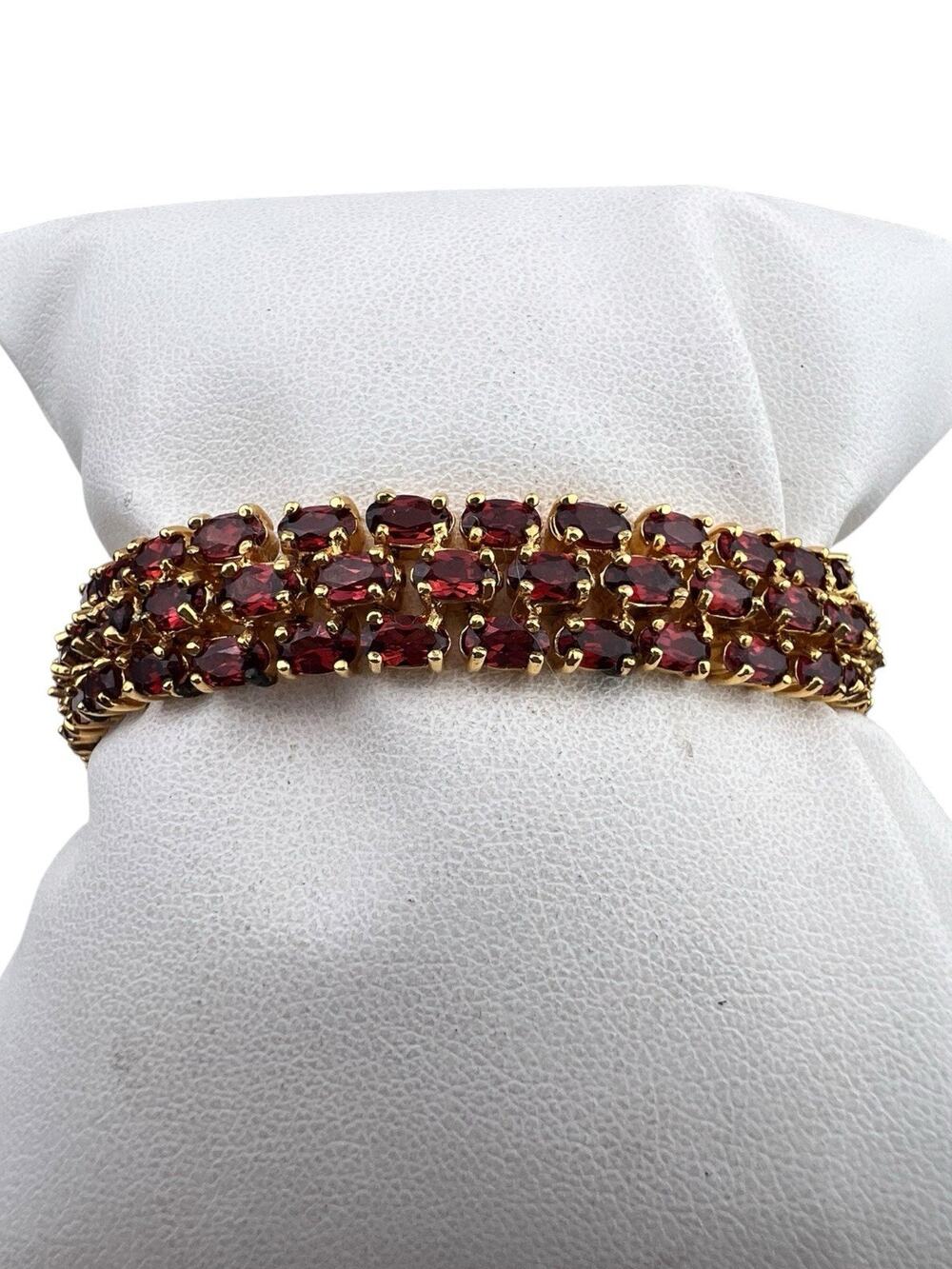DBJ Sterling Silver Vermeil 3 Row Tennis Bracelet 7.25" Garnets Safety Clasp